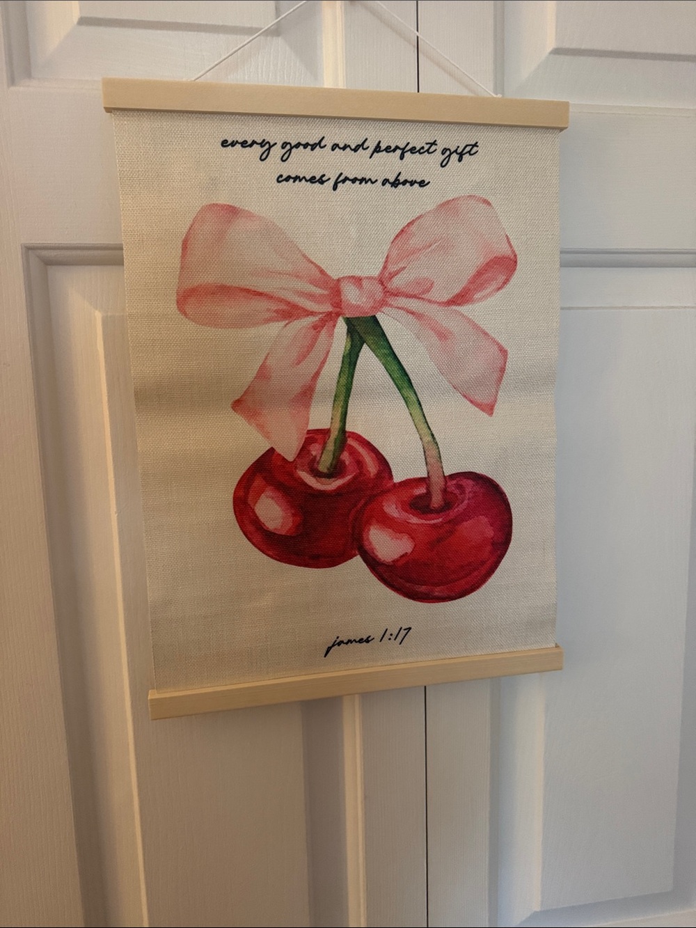 Cherry Wall Hanging Canvas Art with Pink Bow